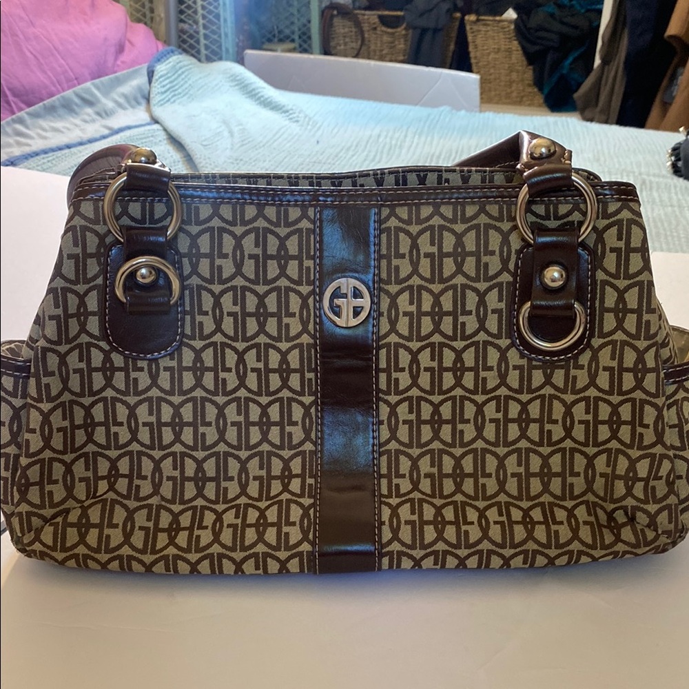 Chic Logo Giani Bernini  Pattern Handbag with Metallic Accents